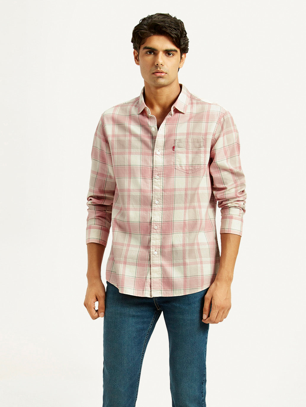 Men's Checkered Light Pink Slim Fit Shirt - Styleshot View