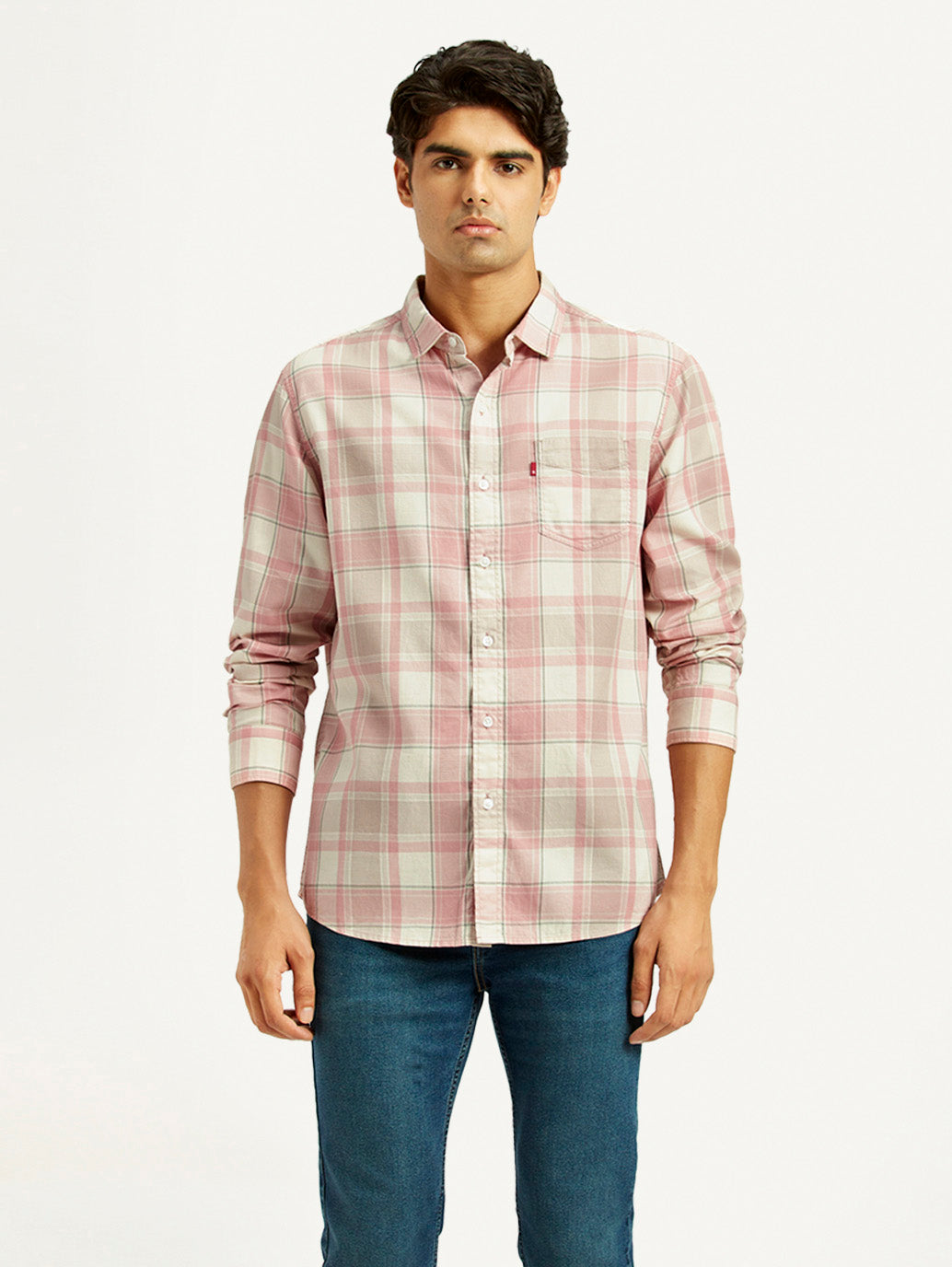 Men's Checkered Light Pink Slim Fit Shirt - Front View