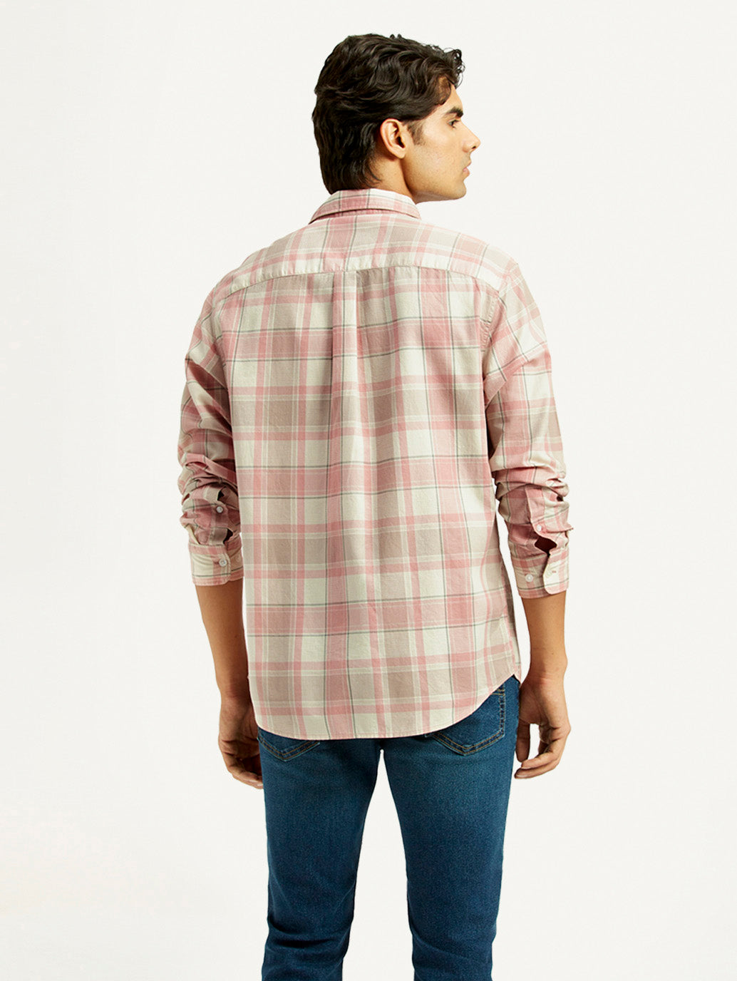 Men's Checkered Light Pink Slim Fit Shirt - Back View
