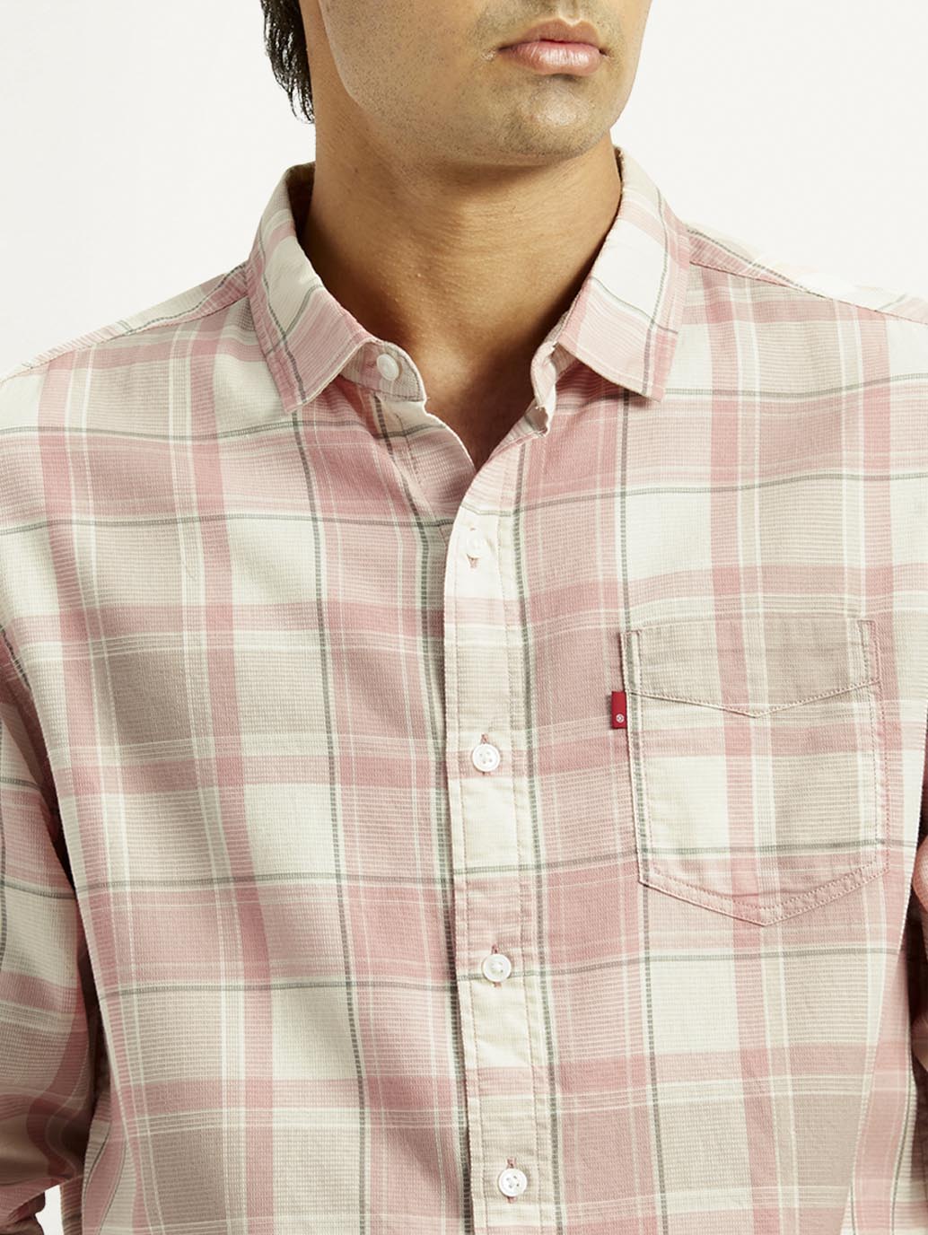 Men's Checkered Light Pink Slim Fit Shirt - Detail View
