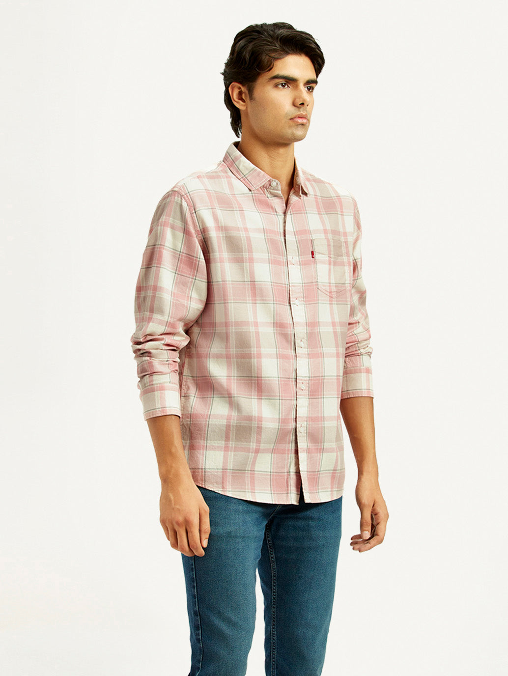 Men's Checkered Light Pink Slim Fit Shirt - Side View