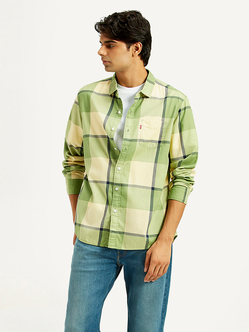 Men's Checkered Light Green Slim Fit Shirt - Styleshot View