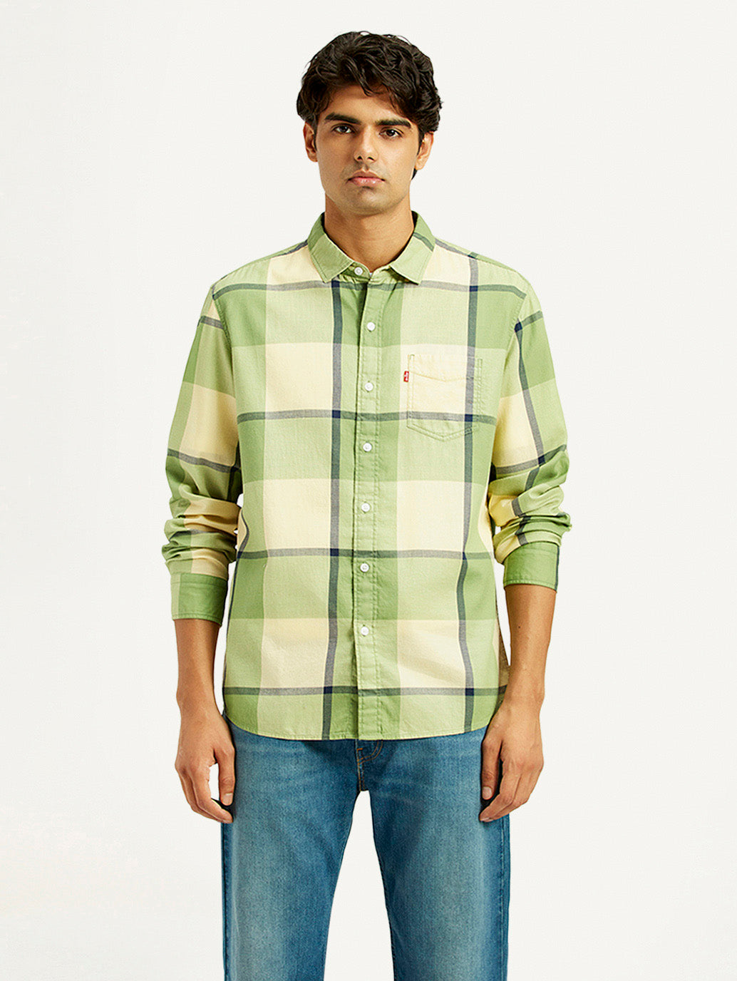 Men's Checkered Light Green Slim Fit Shirt - Front View