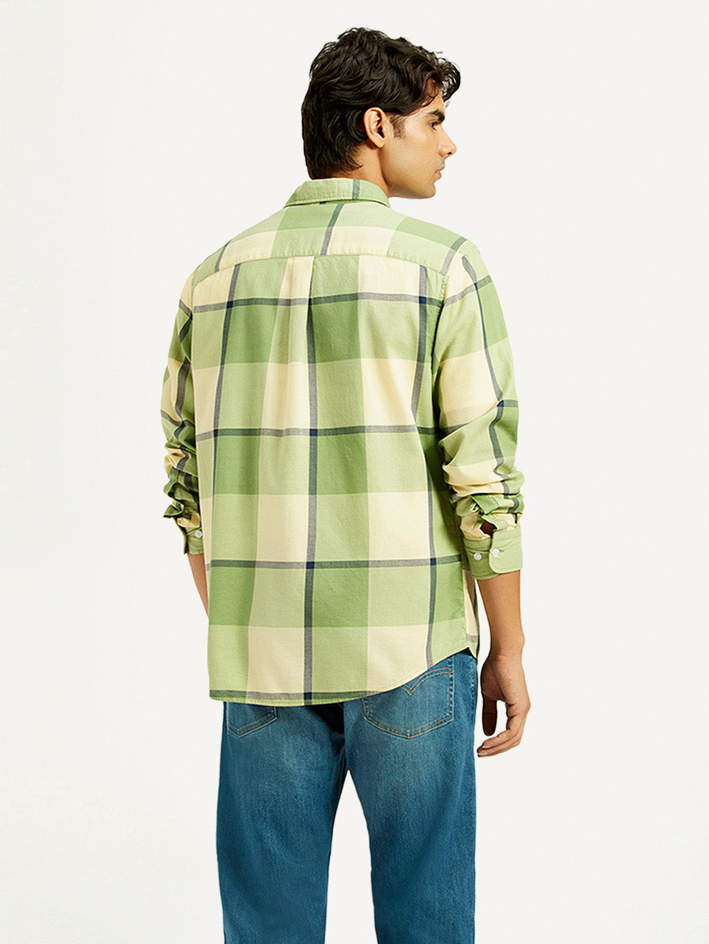 Men's Checkered Light Green Slim Fit Shirt - Back View