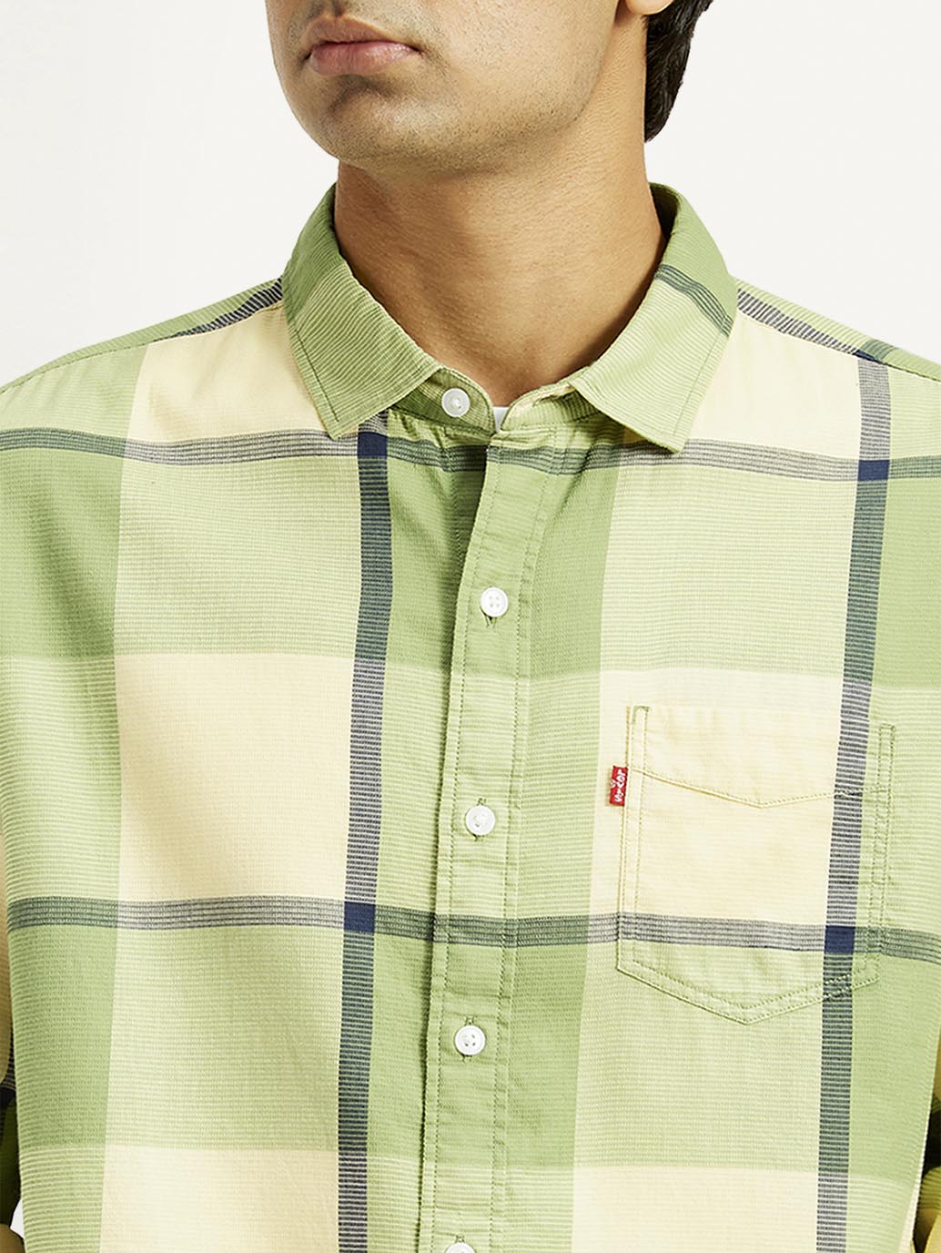 Men's Checkered Light Green Slim Fit Shirt - Detail View