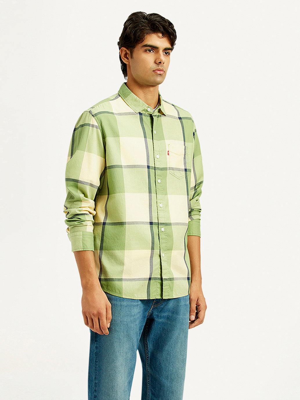 Men's Checkered Light Green Slim Fit Shirt - Side View