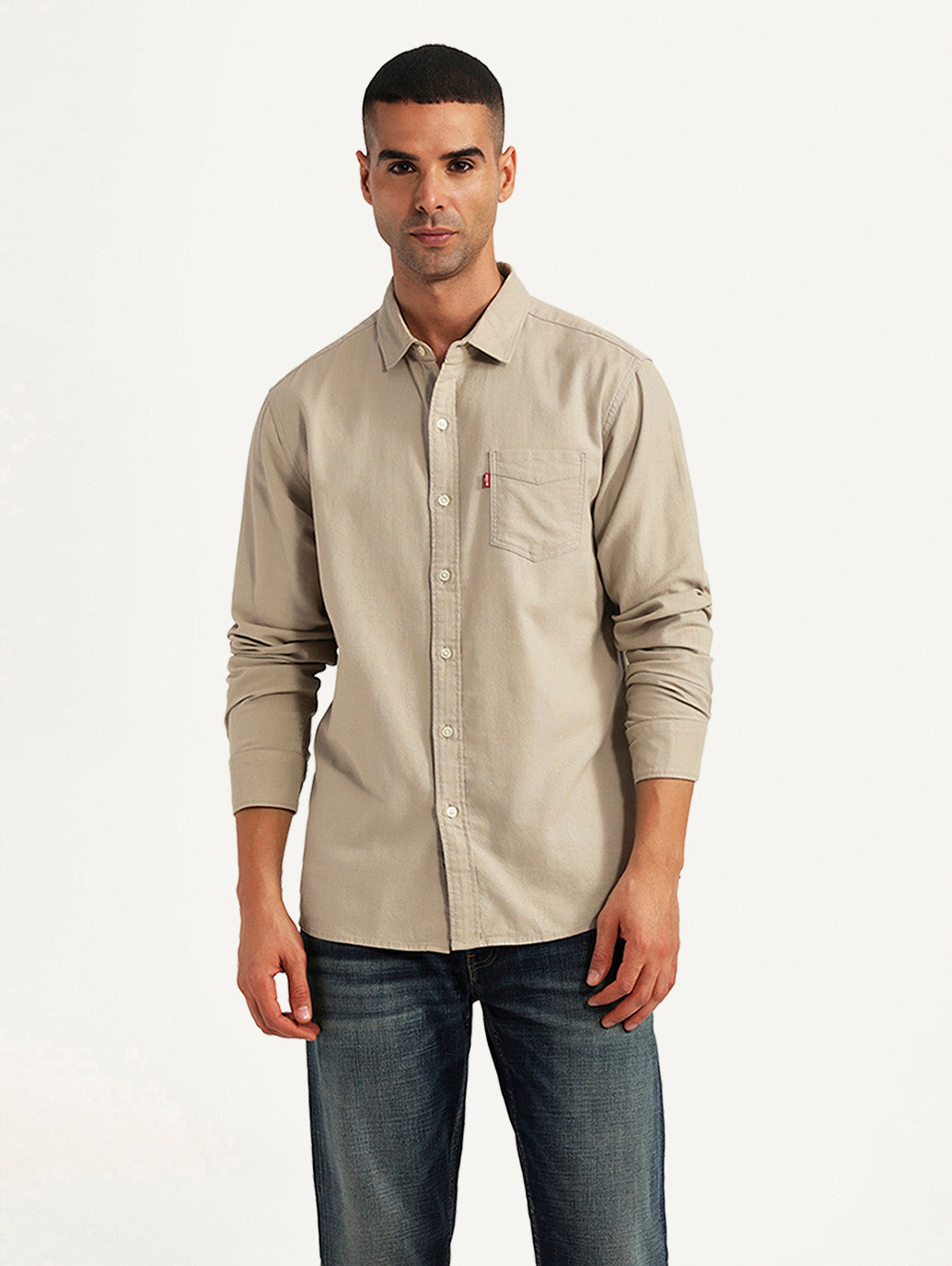 Men's Solid Beige Slim Fit Oxford Shirt