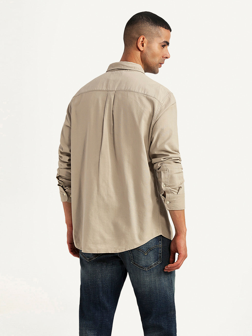 Men's Solid Beige Slim Fit Shirt - Back View