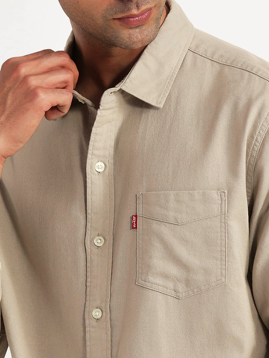 Men's Solid Beige Slim Fit Oxford Shirt - Detail View