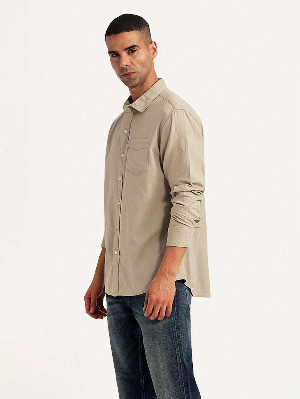 Men's Solid Beige Slim Fit Oxford Shirt - Side View