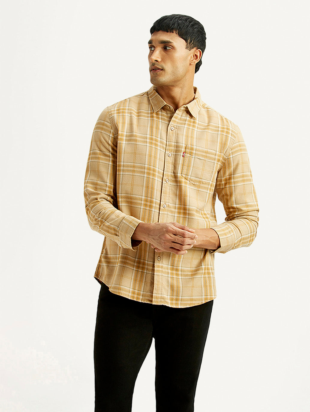 Men's Checkered Beige Slim Fit Shirt - Front View