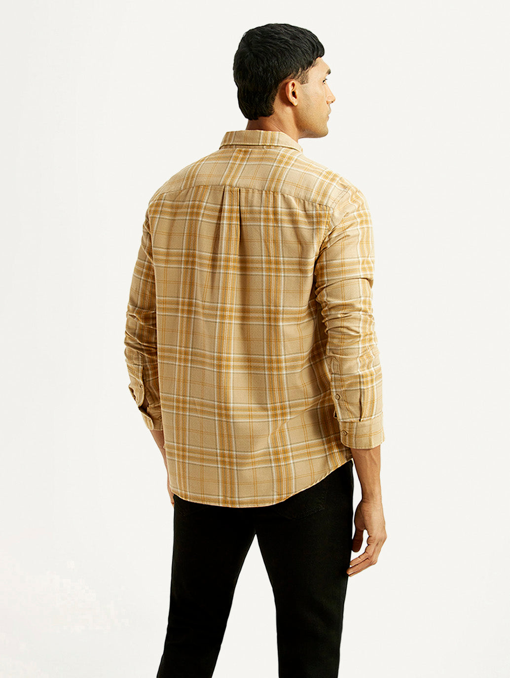 Men's Checkered Beige Slim Fit Shirt - Back View