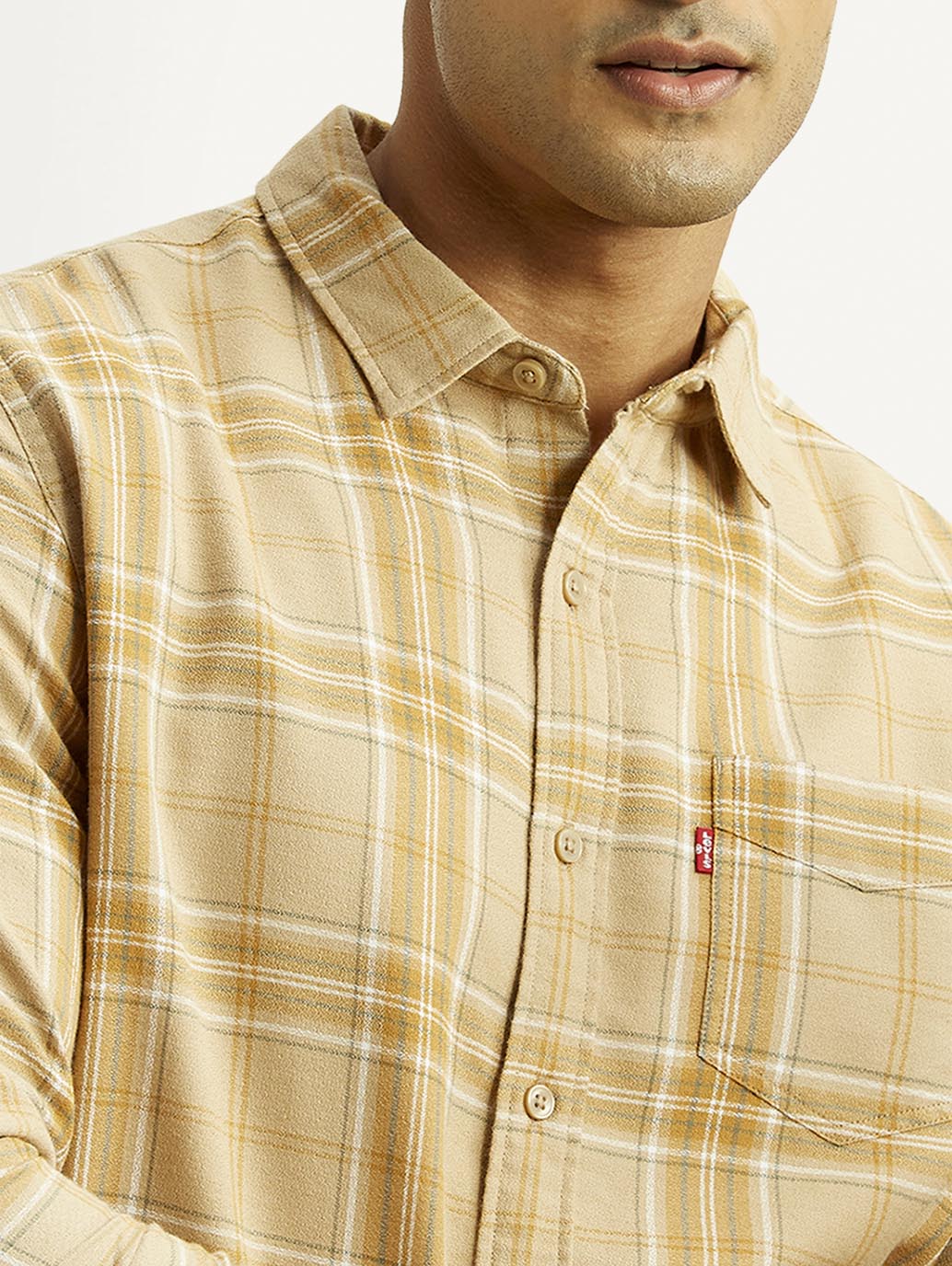 Men's Checkered Beige Slim Fit Shirt - Detail View