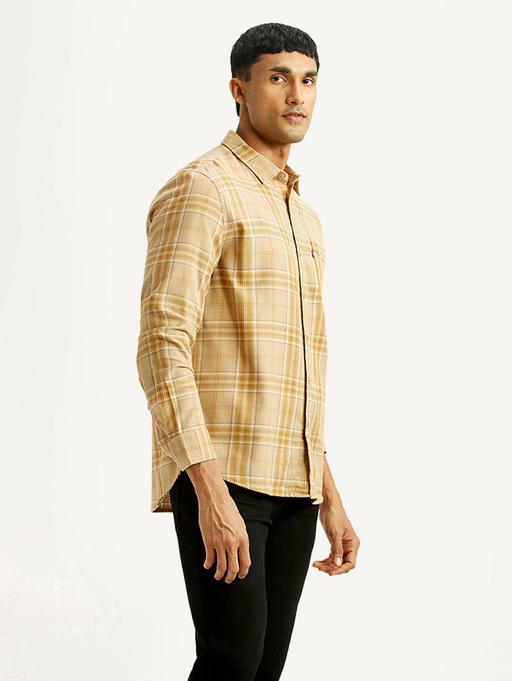 Men's Checkered Beige Slim Fit Shirt - Side View