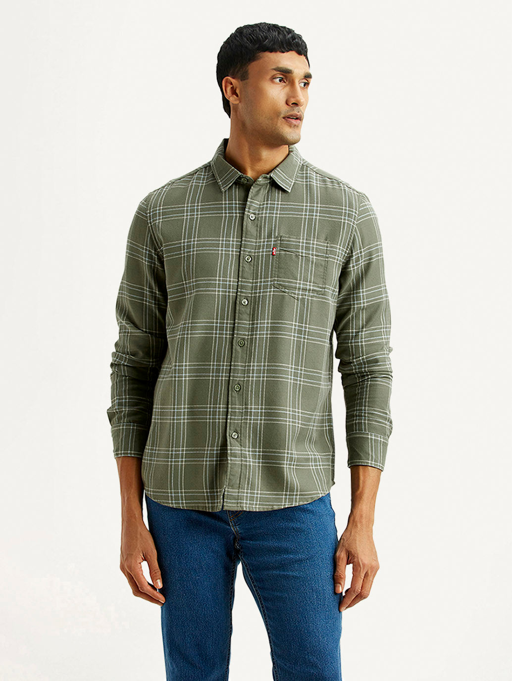 Men's Checkered Olive Slim Fit Shirt - Front View