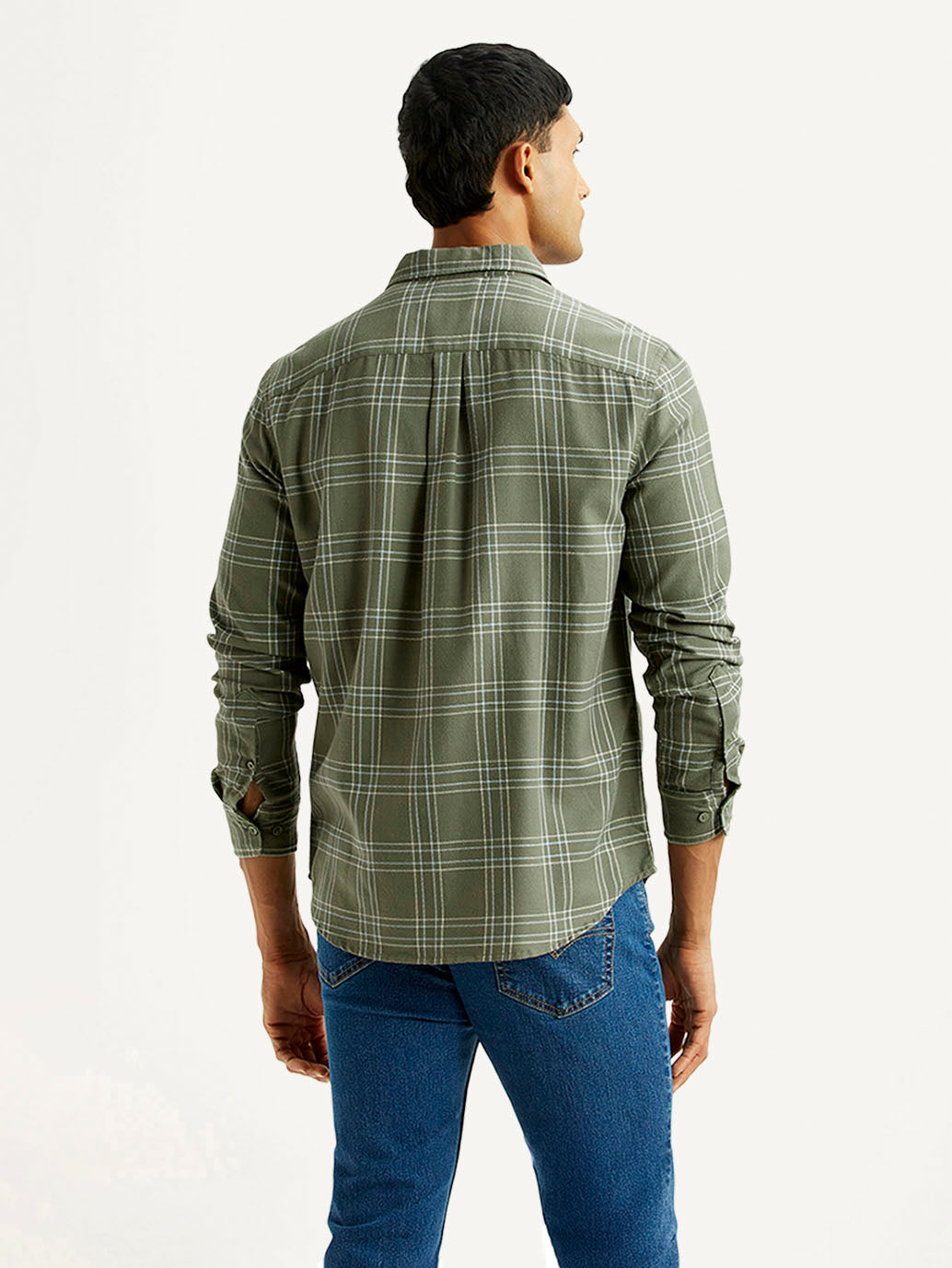 Men's Checkered Olive Slim Fit Shirt - Back View