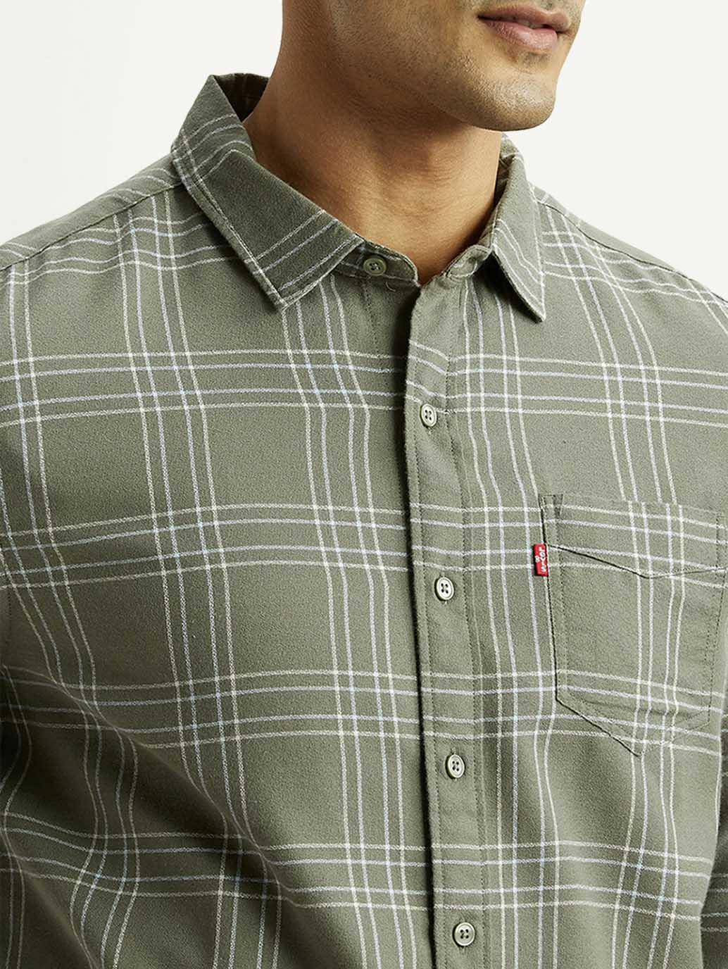 Men's Checkered Olive Slim Fit Shirt - Detail View