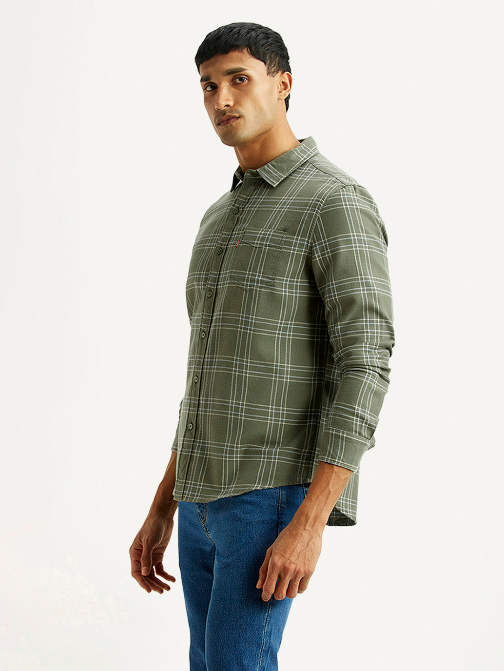 Men's Checkered Olive Slim Fit Shirt - Side View