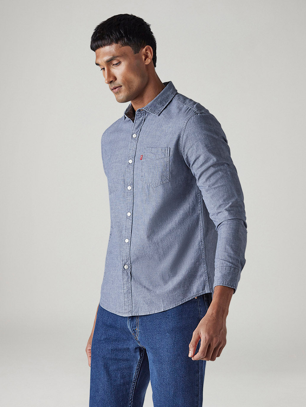 Men's Solid Slim Fit Overdyed Chambray Shirt - Side View