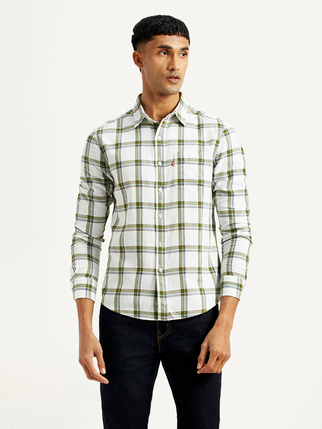 Men's Checkered White Slim Fit Shirt - Front View