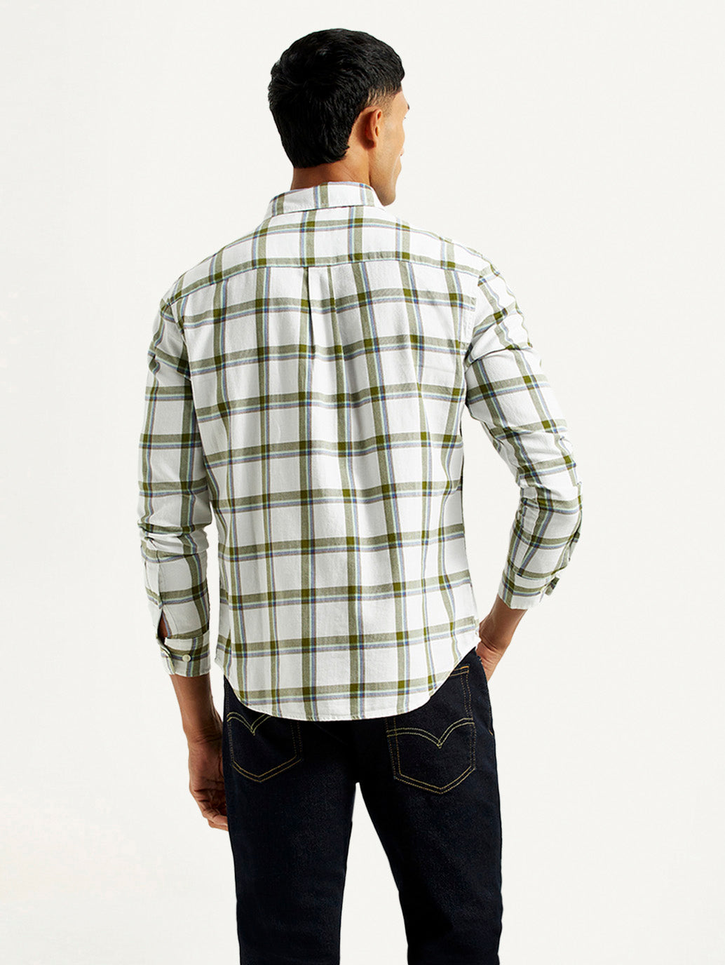 Men's Checkered White Slim Fit Shirt - Back View