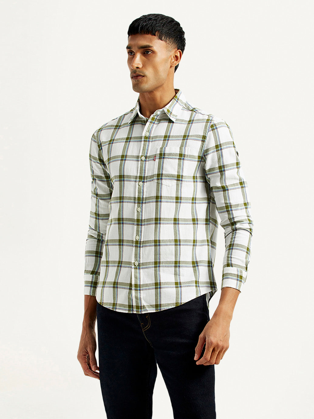 Men's Checkered White Slim Fit Shirt - Side View