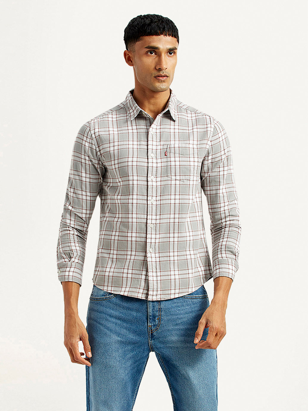 Men's Checkered Light Grey Slim Fit Shirt - Front View
