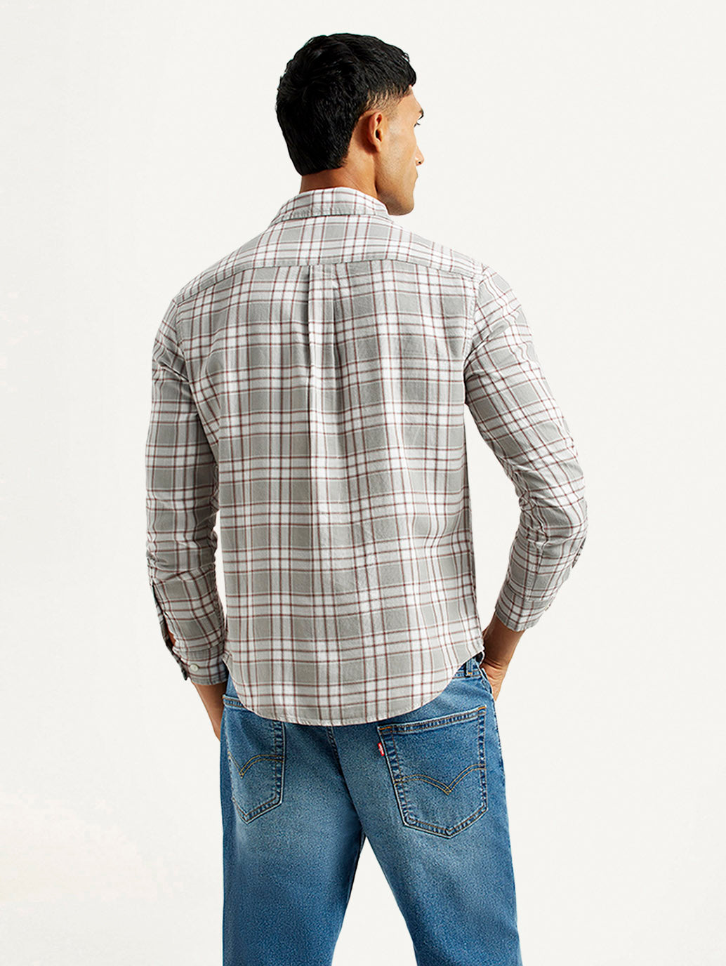 Men's Checkered Light Grey Slim Fit Shirt - Back View