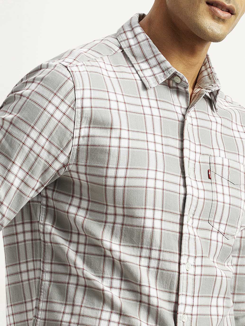 Men's Checkered Light Grey Slim Fit Shirt - Detail View