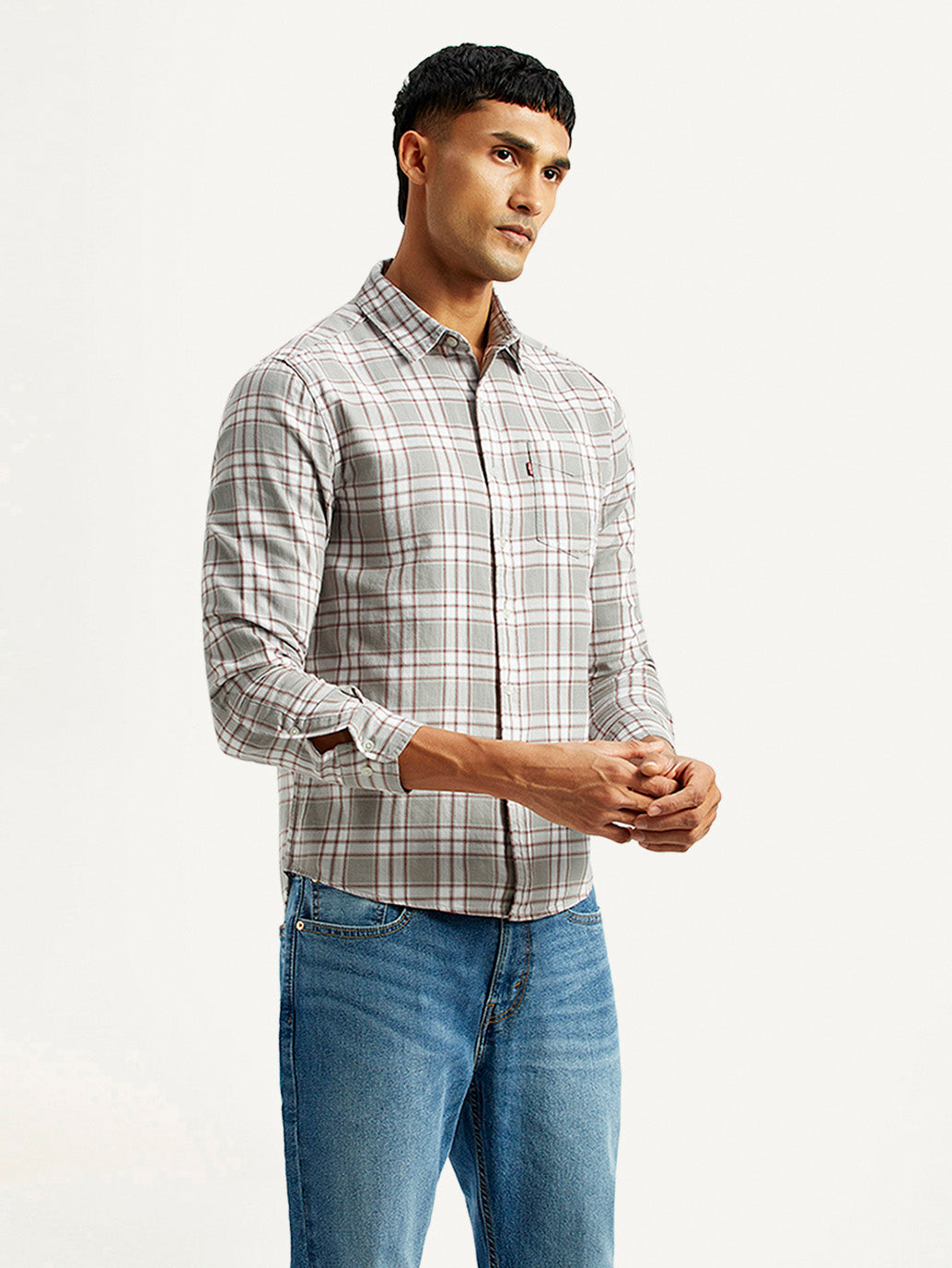 Men's Checkered Light Grey Slim Fit Shirt - Side View