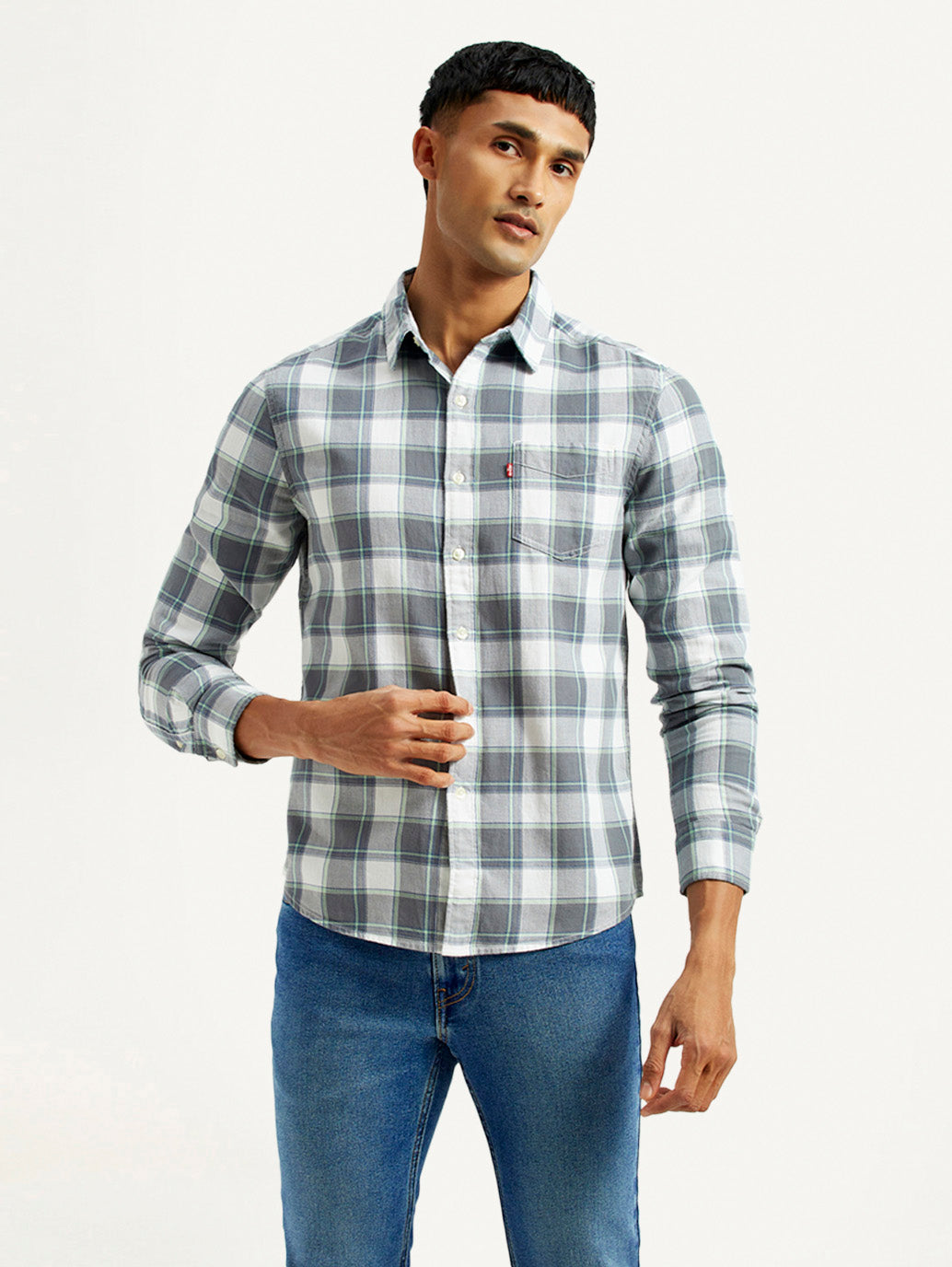 Men's Checkered Grey Slim Fit Shirt - Front View