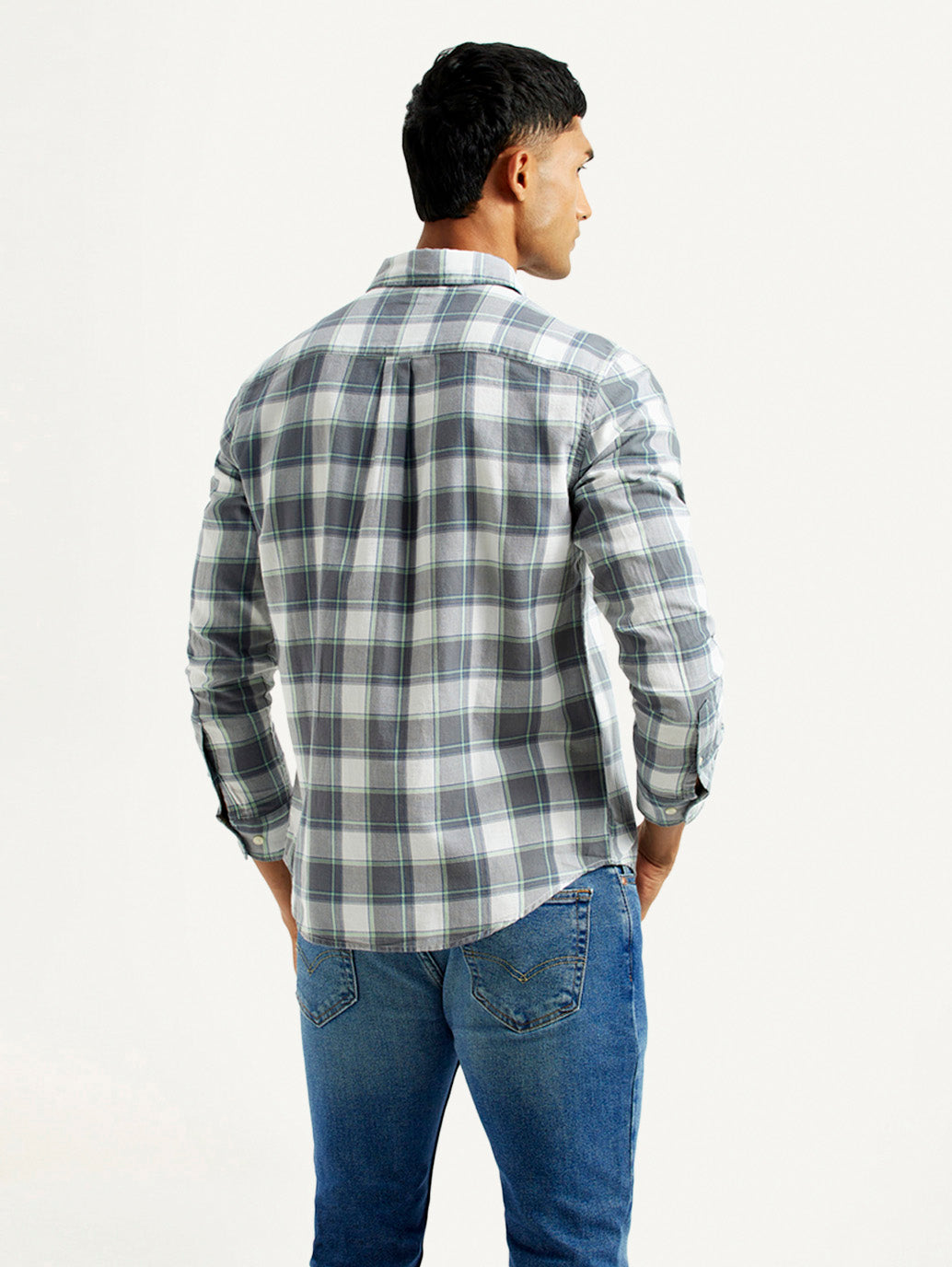 Men's Checkered Grey Slim Fit Shirt - Back View