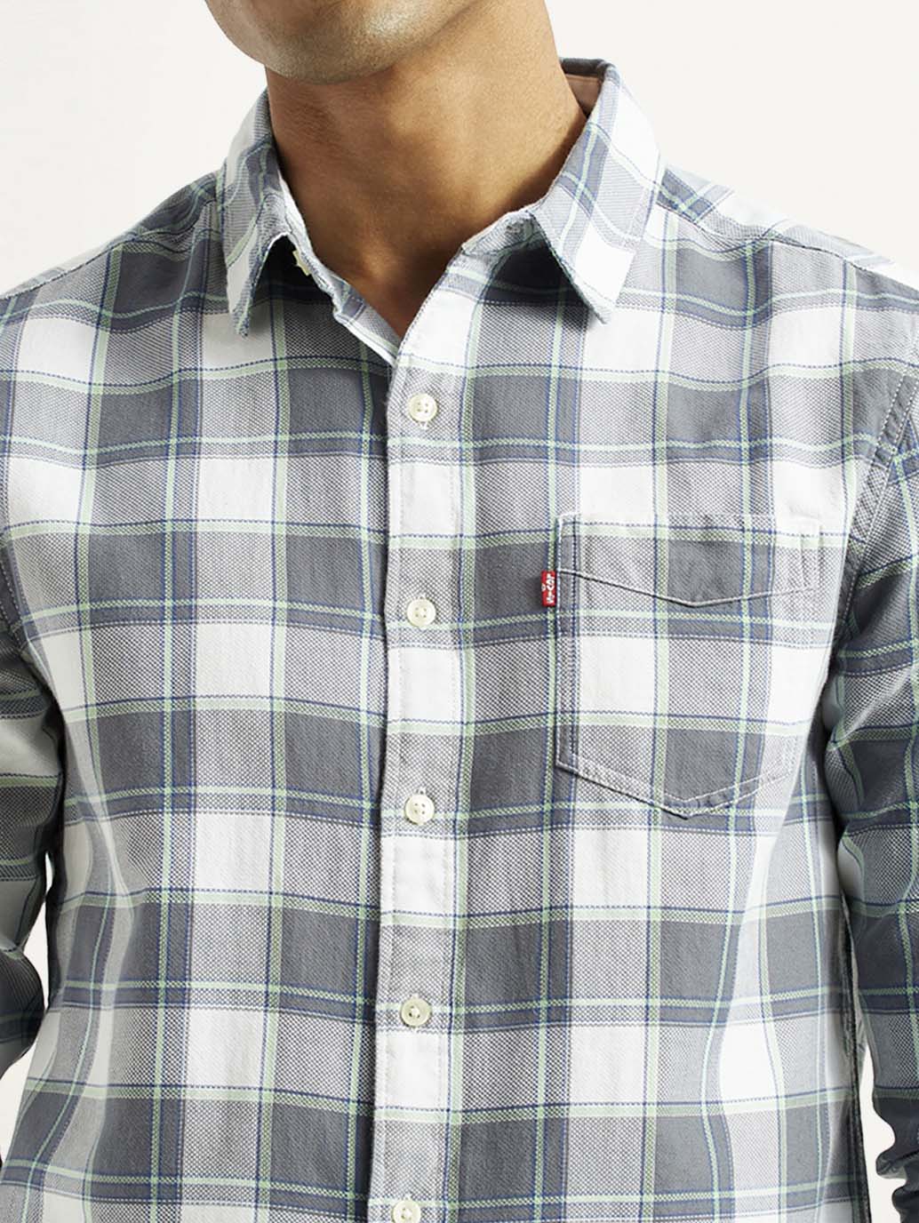 Men's Checkered Grey Slim Fit Shirt - Detail View