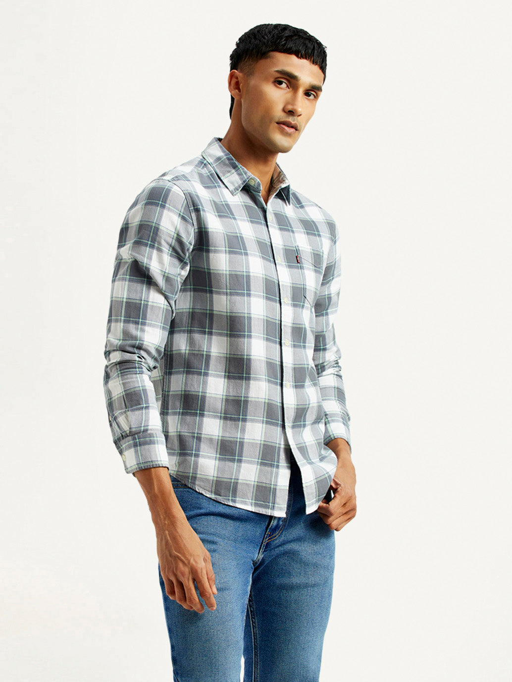 Men's Checkered Grey Slim Fit Shirt - Side View