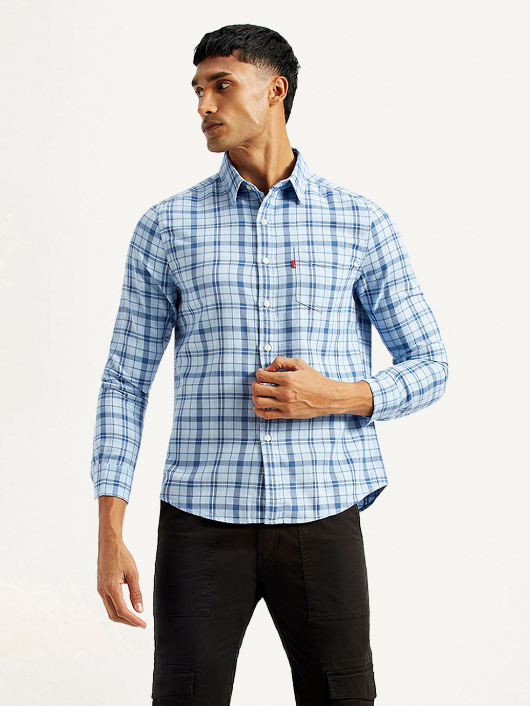 Men's Checkered Blue Slim Fit Shirt - Front View