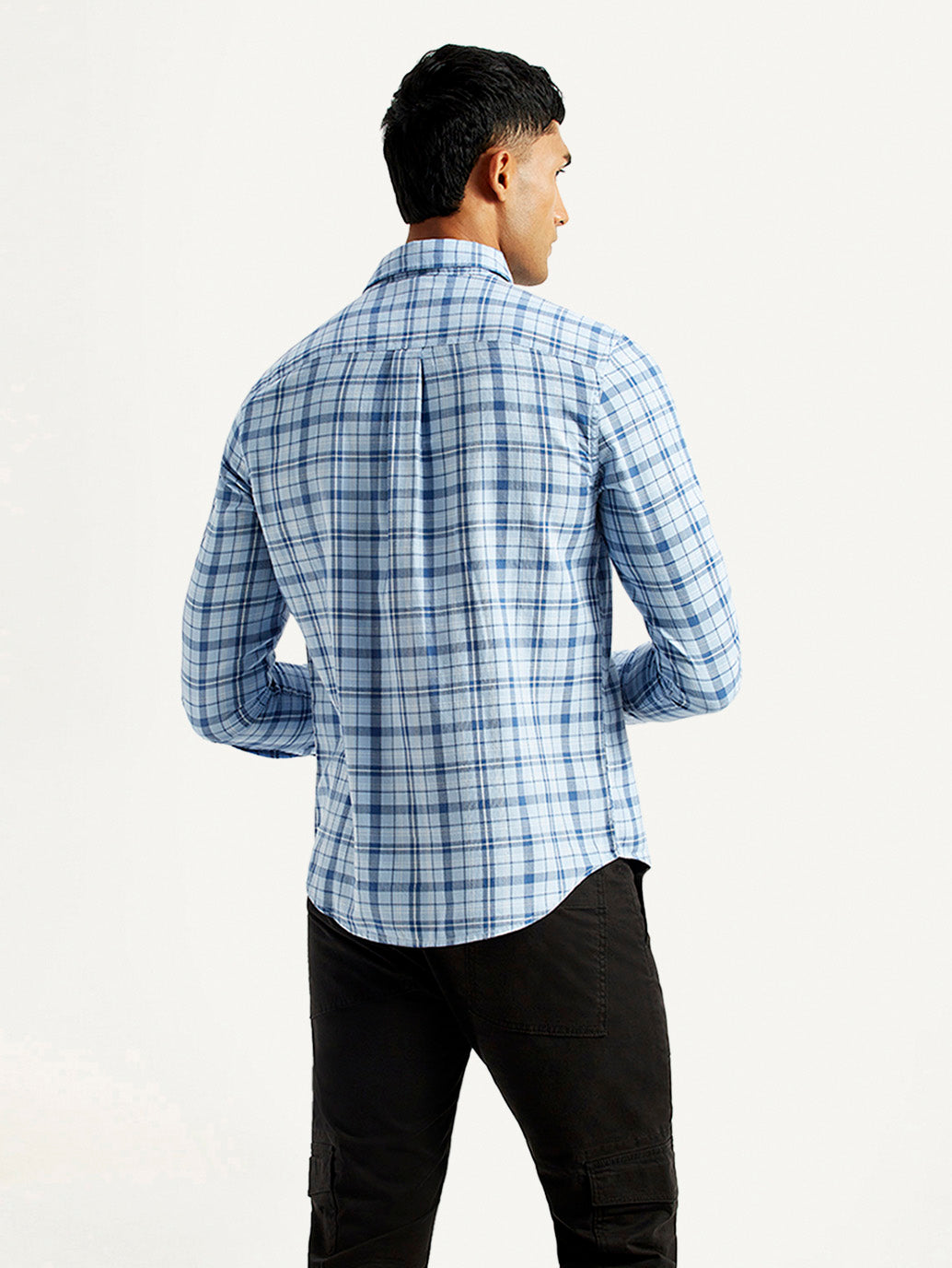 Men's Checkered Blue Slim Fit Shirt - Back View