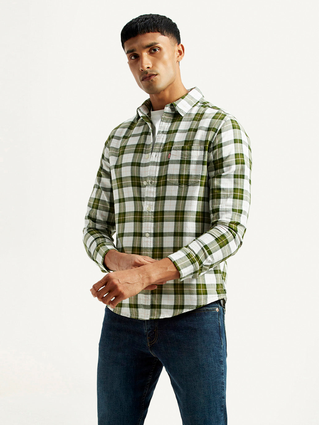 Men's Checkered Olive Slim Fit Shirt - Styleshot View