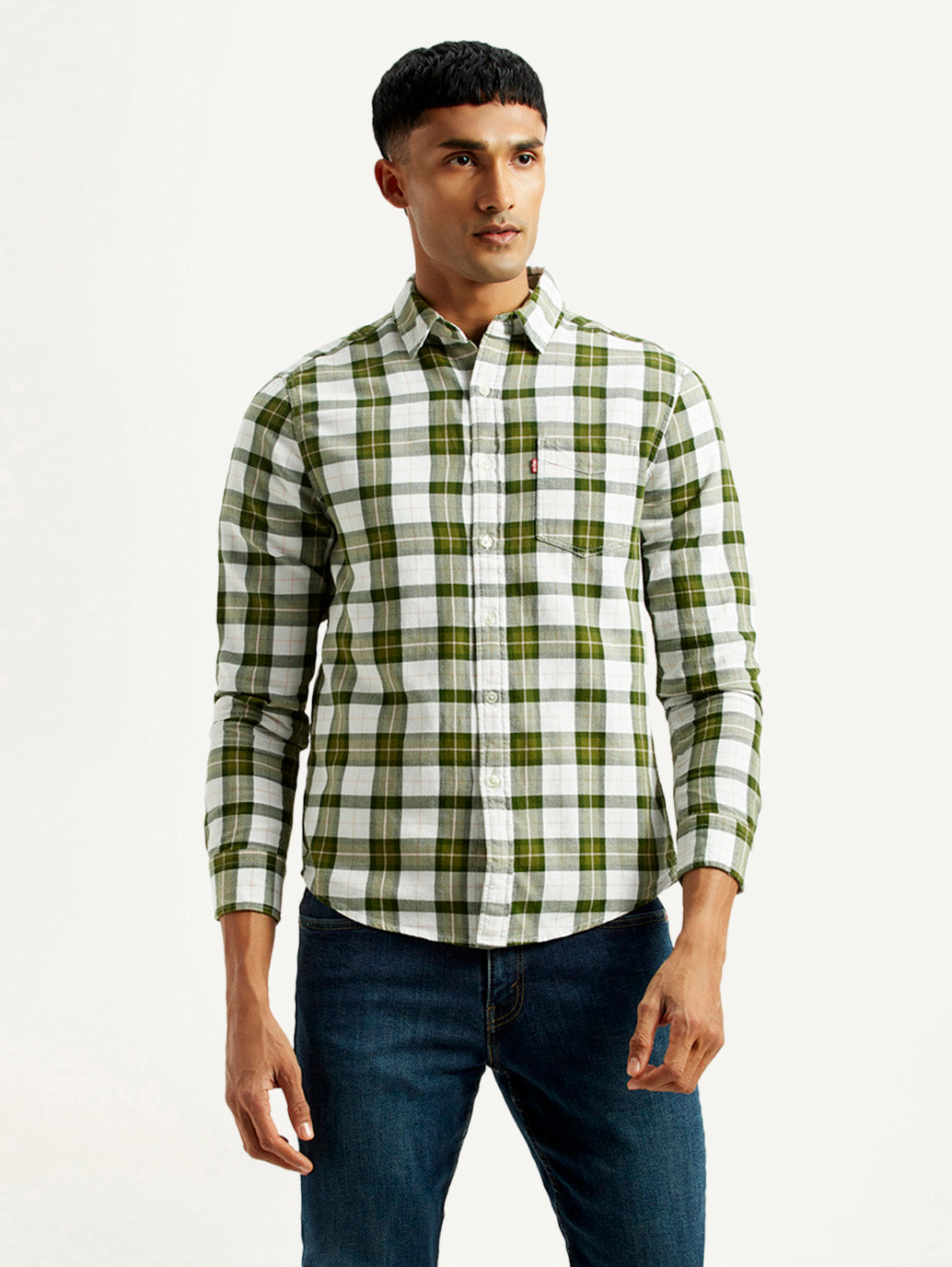 Men's Checkered Olive Slim Fit Shirt - Front View
