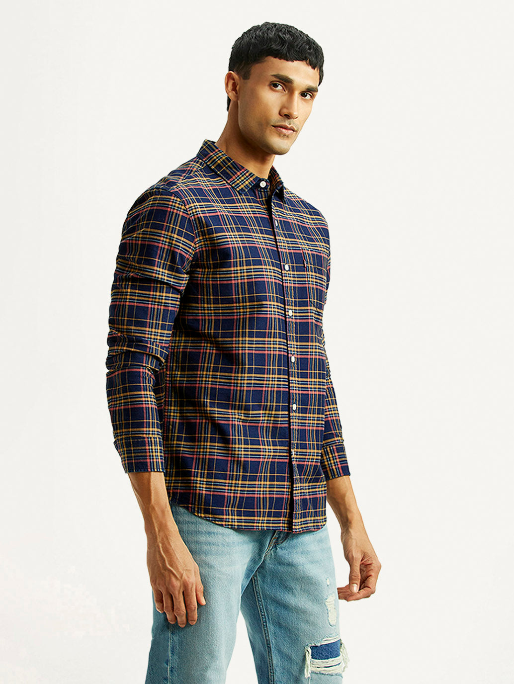 Men's Checkered Multi Color Slim Fit Oxford Shirt - Side View