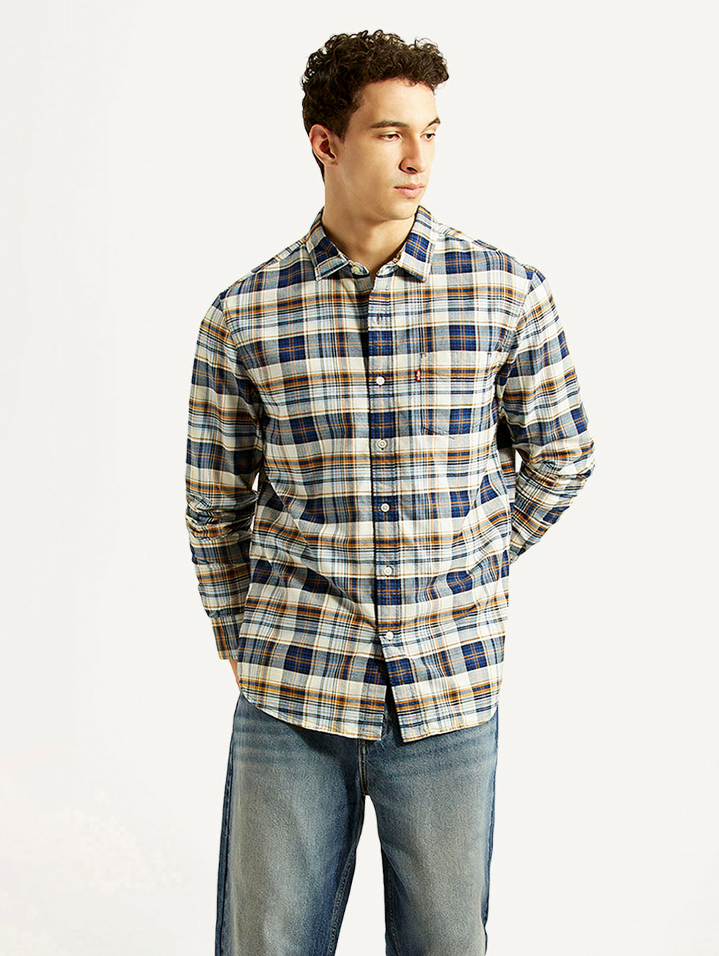 Men's Checkered Indigo Slim Fit Oxford Shirt