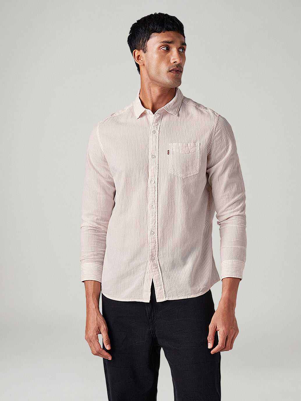 Men's Striped Slim Fit Textured Shirt - Front View
