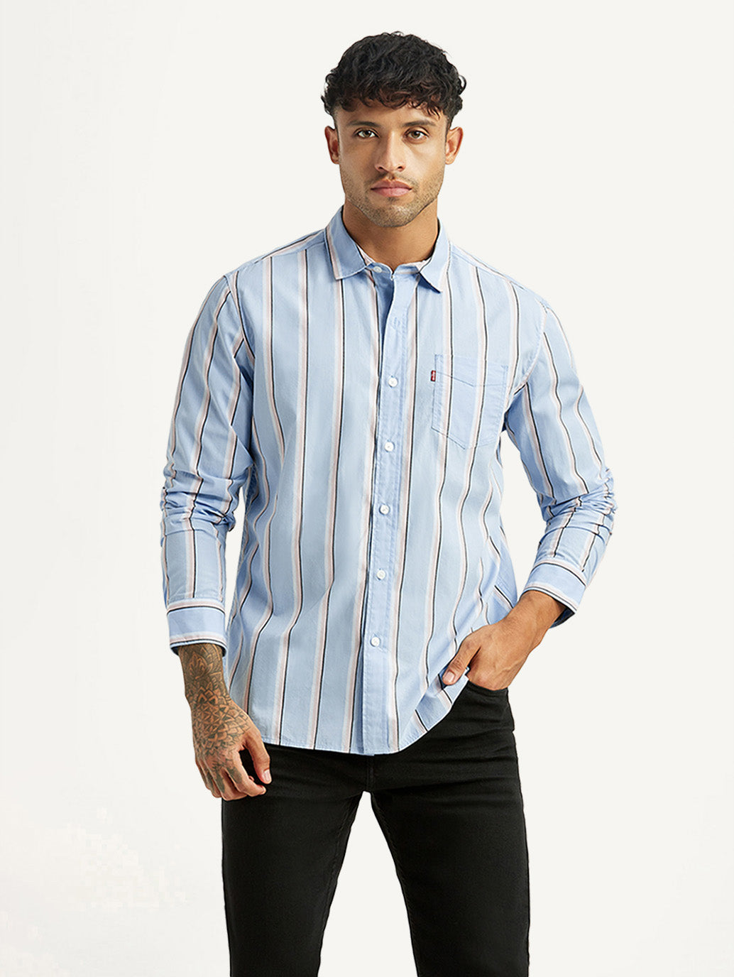 Men's Striped LightB lue Slim Fit Shirt - Styleshot View