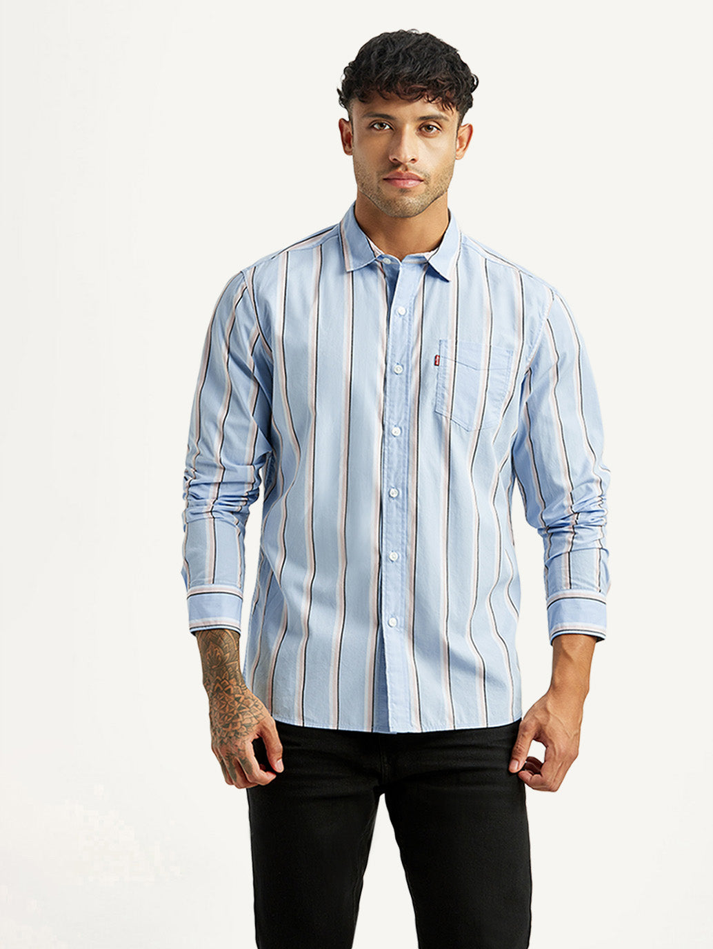 Men's Striped LightB lue Slim Fit Shirt - Front View