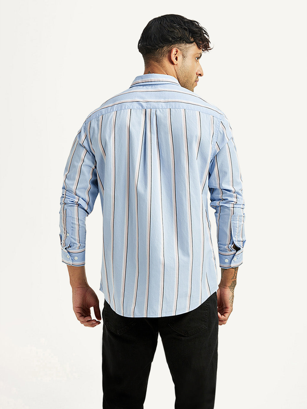 Men's Striped LightB lue Slim Fit Shirt - Back View