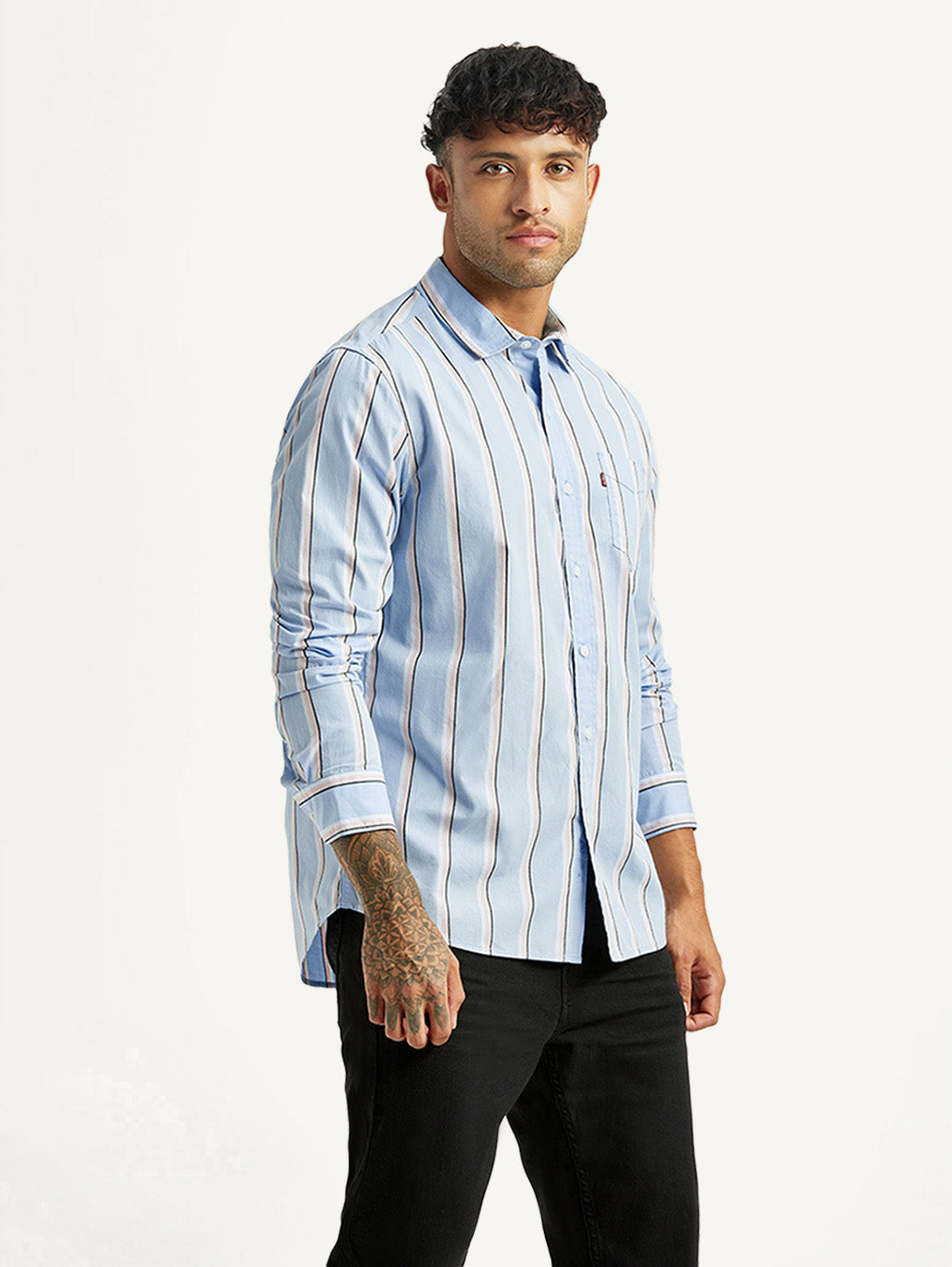 Men's Striped LightB lue Slim Fit Shirt - Side View