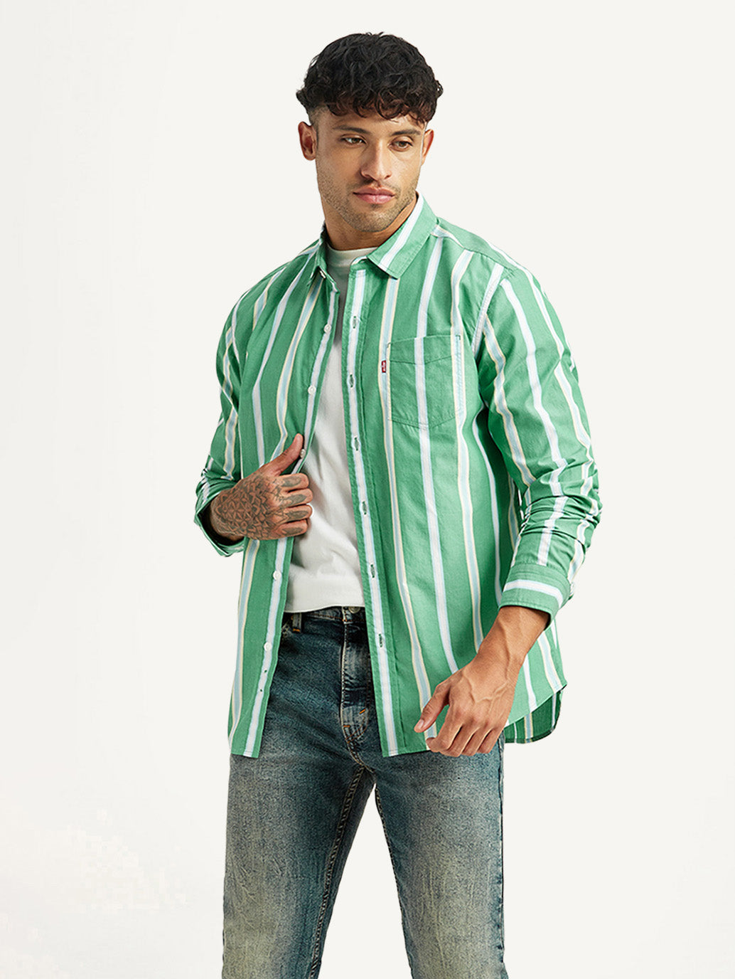 Men's Striped Green Slim Fit Poplin Shirt - Styleshot View