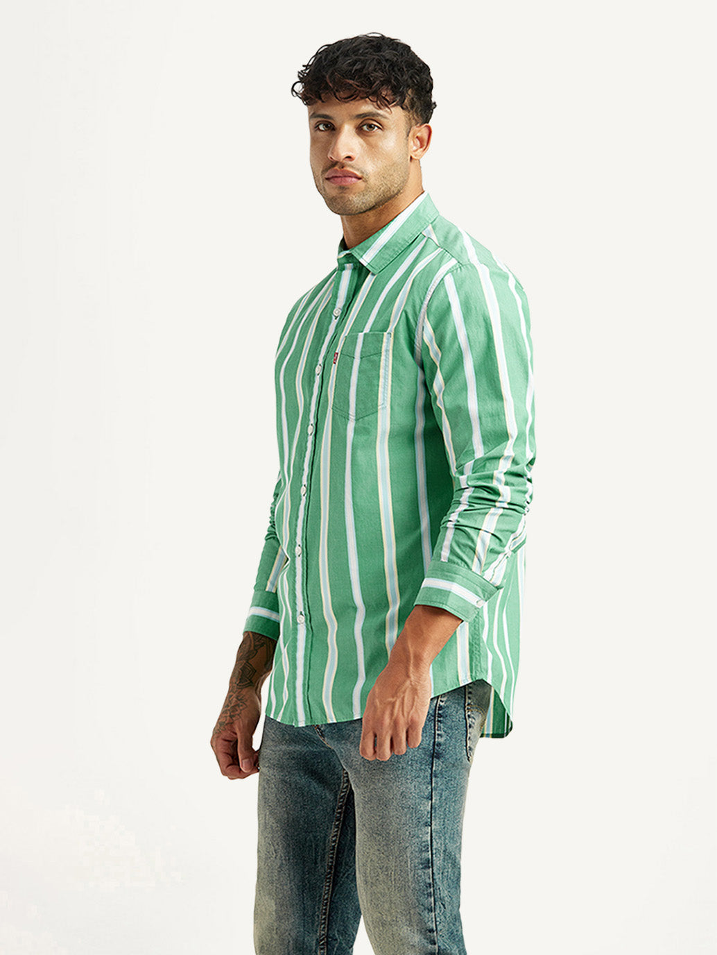 Men's Striped Green Slim Fit Poplin Shirt - Side View
