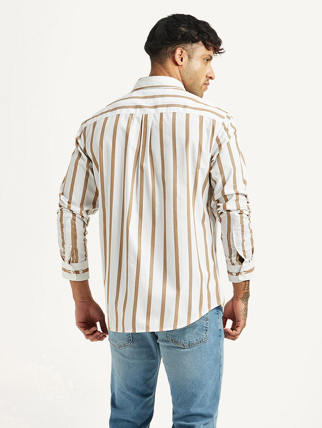 Men's Striped White Slim Fit Shirt - Back View