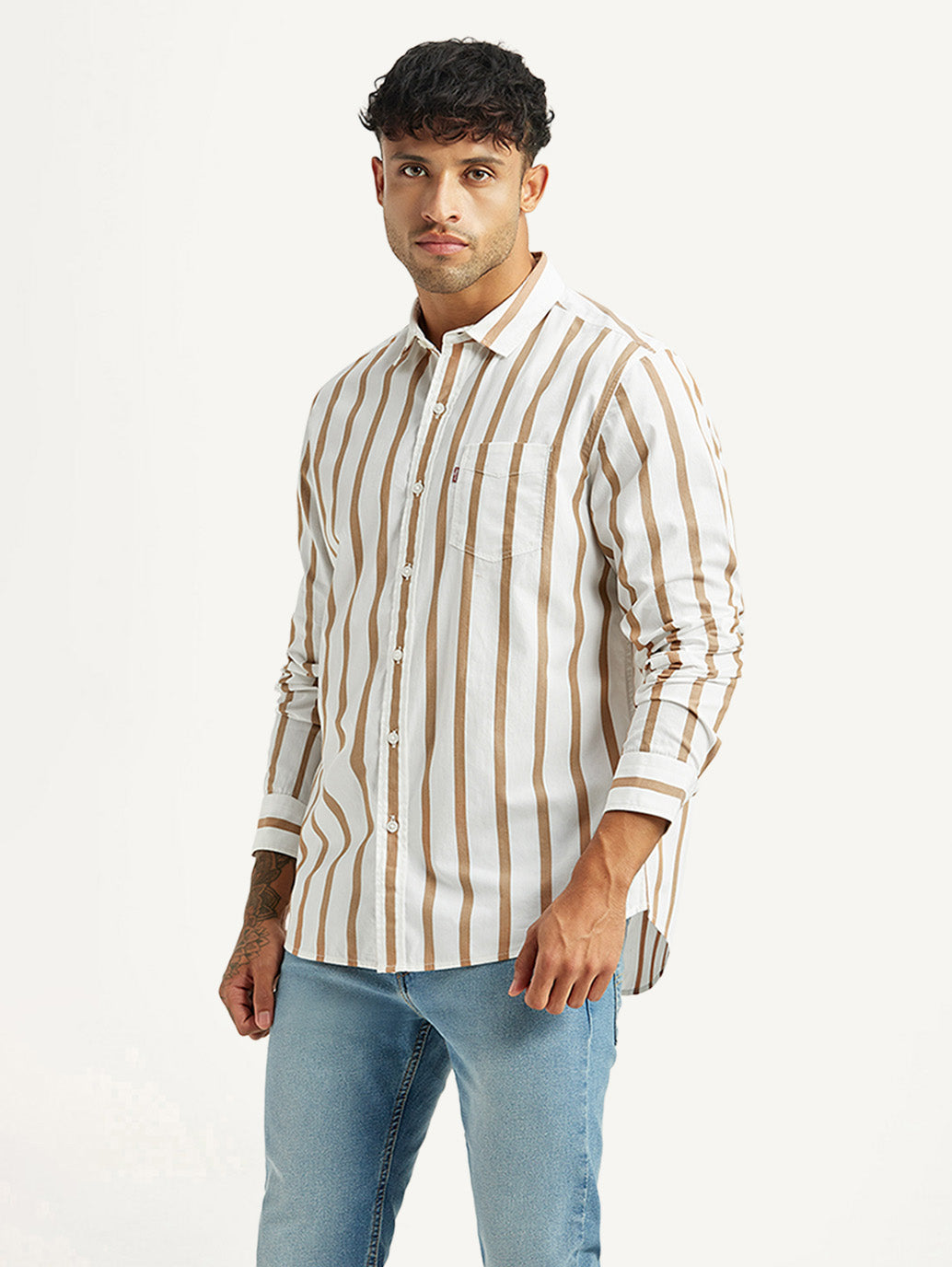 Men's Striped White Slim Fit Shirt - Side View