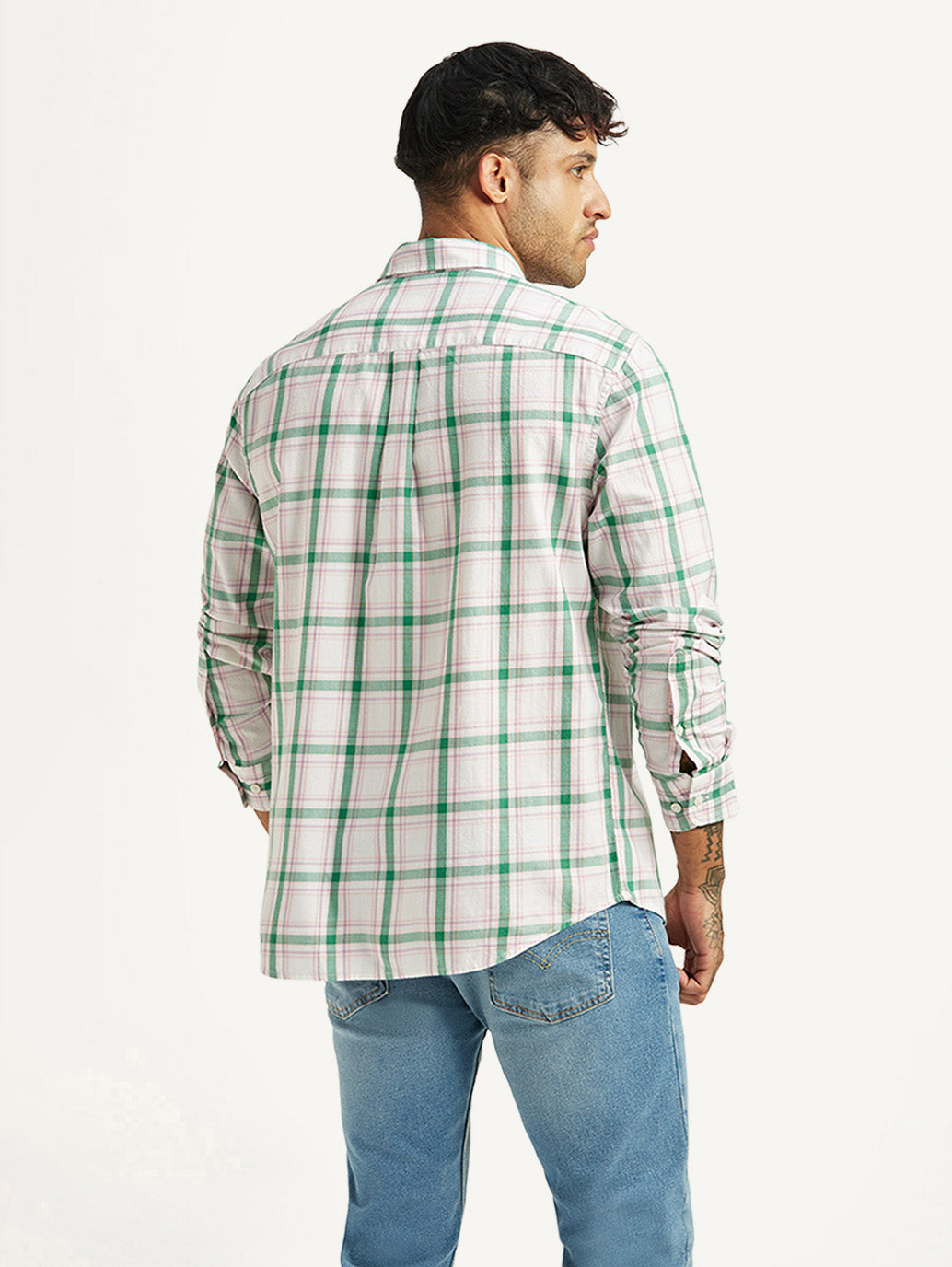 Men's Checkered White Slim Fit Shirt - Back View